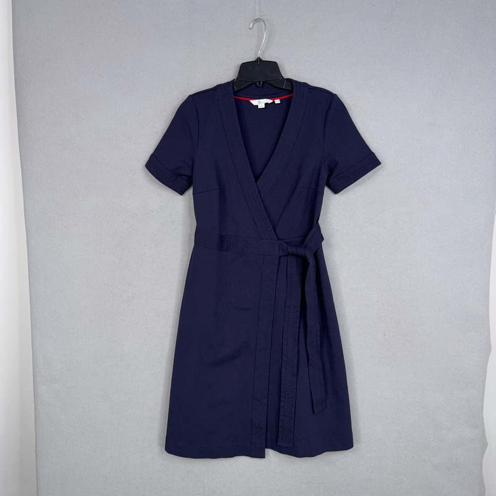 Boden Wrap Dress Women 4R Navy Blue Solid Short Sleeve Knit Fit & Flare Classic
